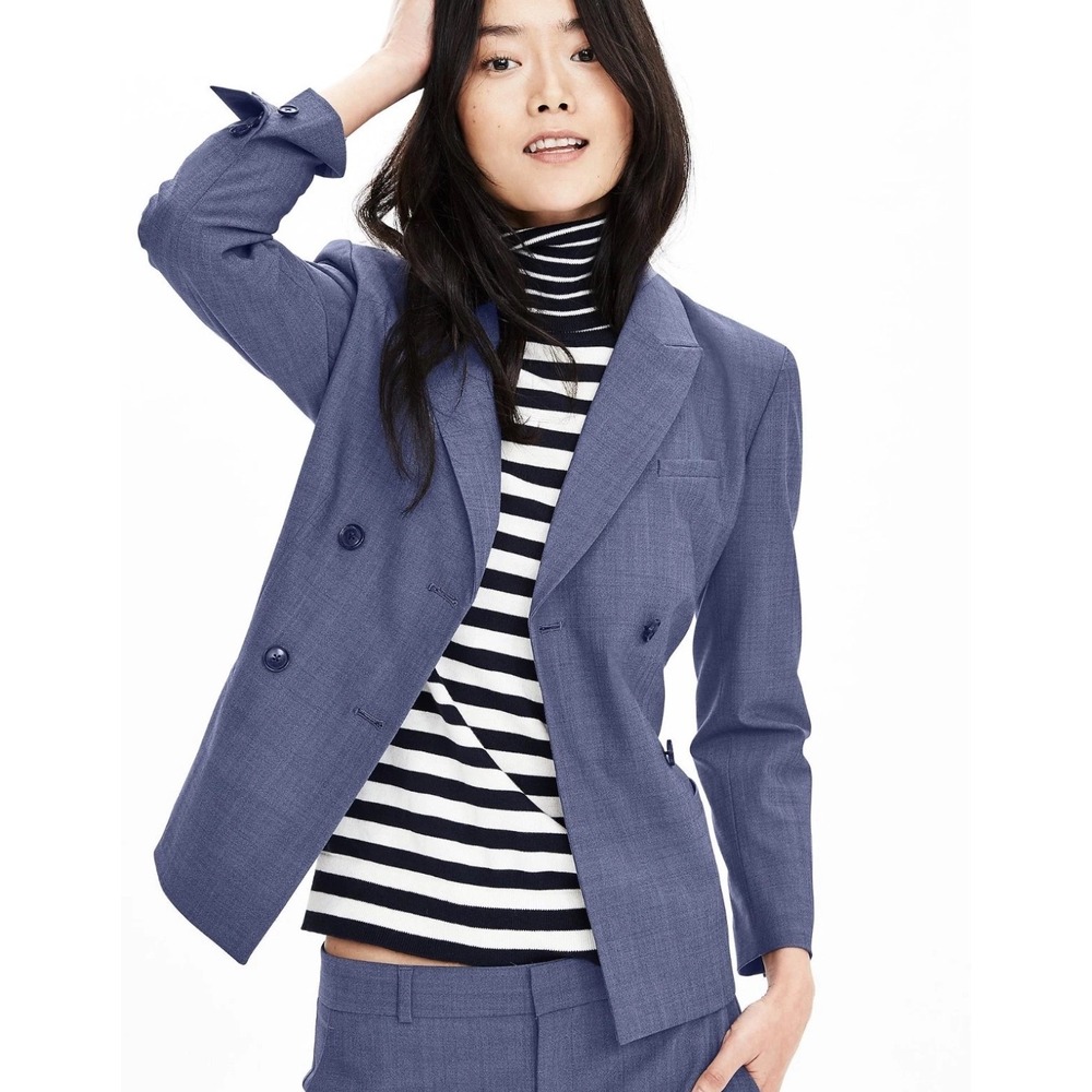 Banana Republic Wool Blazer Double Breasted Petite Blue Chambray Jacket Size 2